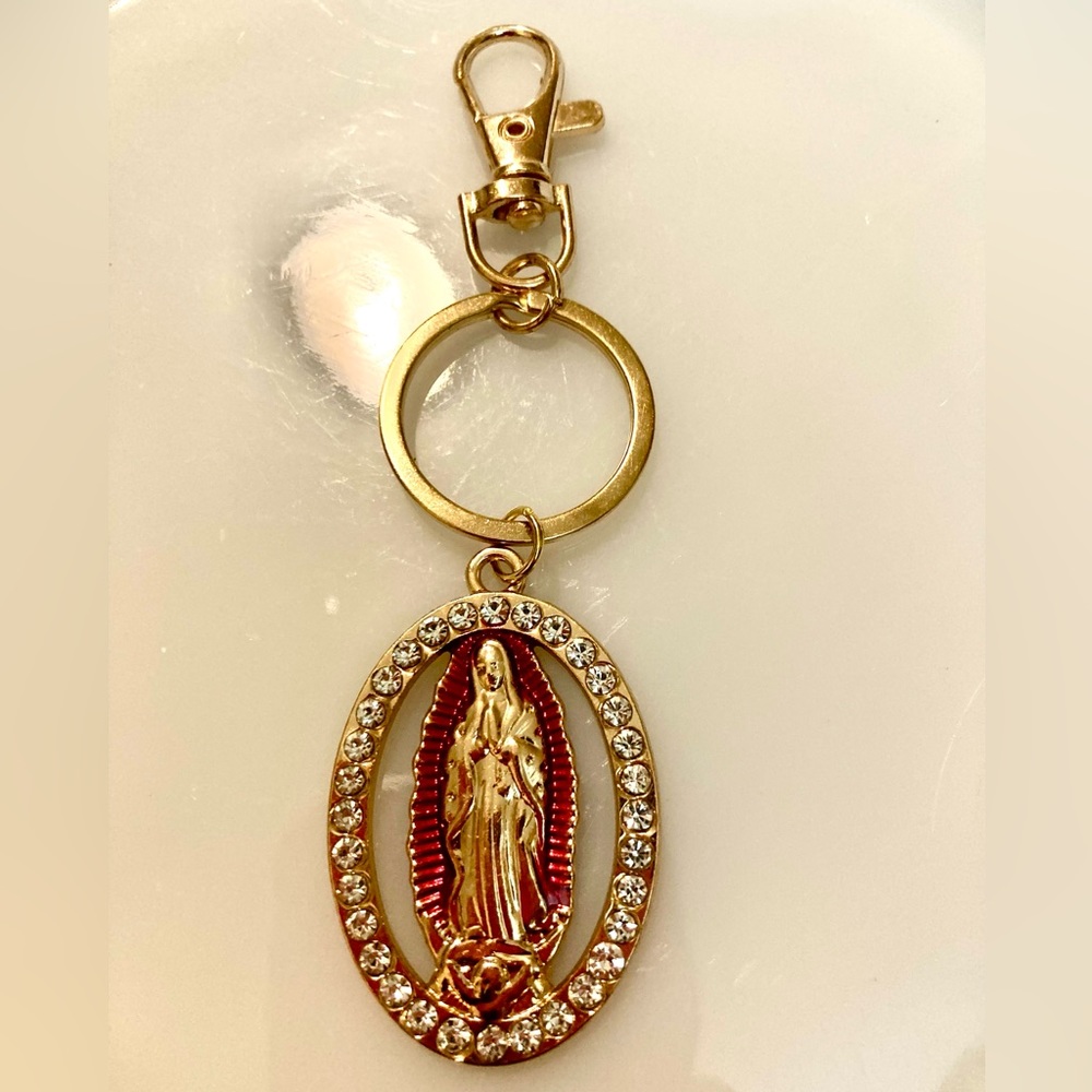 NWOT Mary Mother of Jesus BAG Charm KEY CHAIN - NO STONES MISSING - Gold Tone